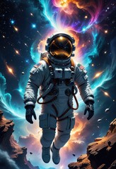 Craft a digital art scene where an astronaut is diving headfirst into an ethereal, starry abyss.