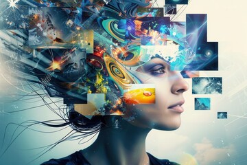 A person embodies the essence of creativity, with vibrant, abstract visuals swirling around their head, symbolizing a dynamic brainstorming process. Generative AI