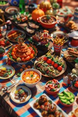 A table full of food with a variety of dishes including soup, salad, and meat. The table is set for a large gathering of people