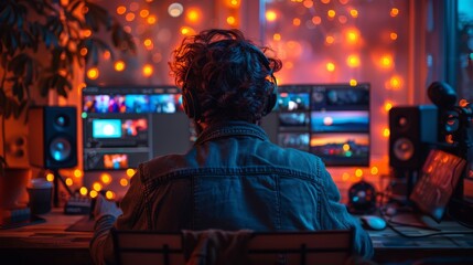 Obraz premium Creating Digital Masterpieces Late at Night Amidst a Cozy, Colorful Glow. Generative AI