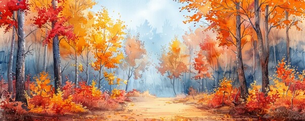 A painting of a forest with trees in autumn colors