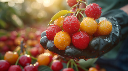 Close-up view of hands in black gloves holding a cluster of ripe, dew-covered cherries with a blurred orchard background