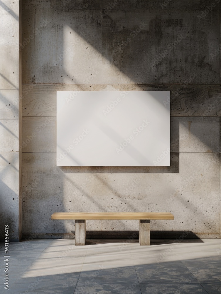 Poster a white wall with a large empty frame and a wooden bench in front of it. scene is simple and minimal