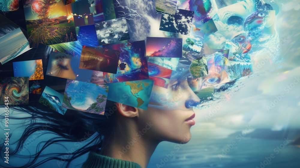 Poster a person experiences a vivid surge of inspiration, their mind filled with diverse images representin