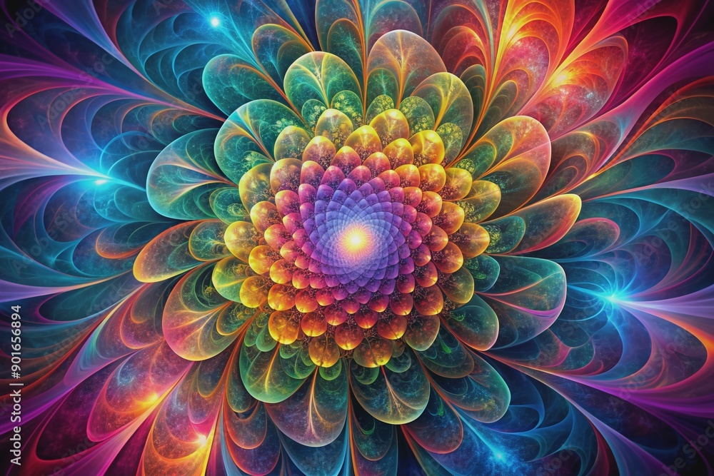Poster Vibrant abstract fractal background with swirling patterns hosts a mesmerizing spiral flower, its textured petals unfolding from a radiant, glowing core of pure magic.