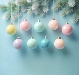 Pastel Christmas tree balls on simple blue background. Soft and gentle colors of New Year's toys turquoise and soft pink. Close-up of background of many beautiful glass balls. Banner with copy space