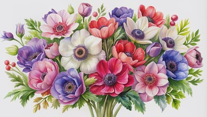 Vibrant watercolor anemone bouquet., Randomly arranged Watercolor Anemone Flowers forming an elegant and charming bunch on white