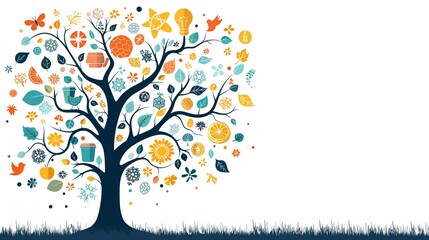 Tree with renewable energy and recycling minimal design flat white background style space for Ad