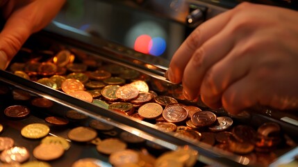 Fototapeta premium Collecting Slot Machine Winnings: Hands scooping up coins from a slot machine tray, the machine flashing and ringing. 