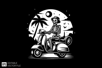 Skeleton playing cartoon black and white silhouette graphic clip art vector design