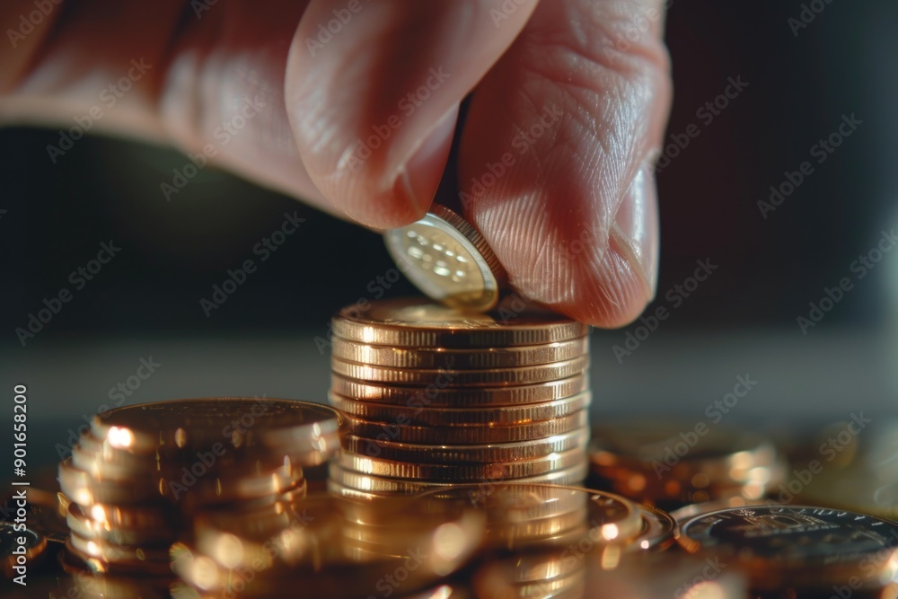 Poster a hand is reaching for a stack of coins, with the coins being of varying sizes. concept of wealth an