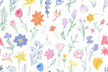 A colorful drawing of flowers with a bright and cheerful mood. The flowers are of various colors and sizes, and they are scattered throughout the image. The drawing has a whimsical