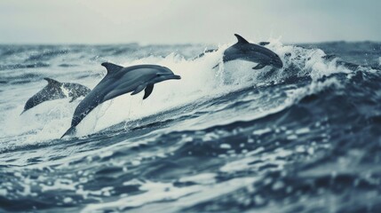 Fototapeta premium Playful dolphins jumping out of the ocean waves