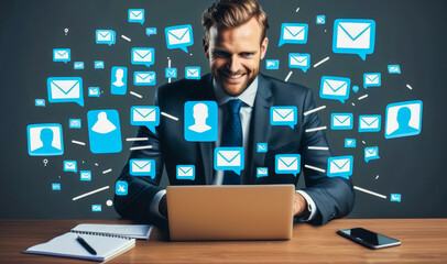 Executive in corporate attire working on laptop amidst network of email connectivity, handling online correspondence, managing business workflow virtually, multitasking with technology