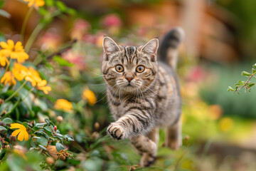 An American Shorthair cat is captured mid-run in a garden, showcasing its agility and playful nature