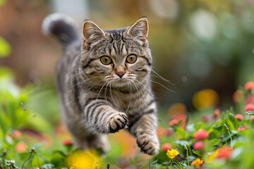 Fototapeta premium An American Shorthair cat is captured mid-run in a garden, showcasing its agility and playful nature