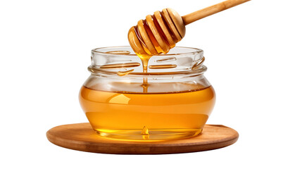 Glass jar with honey dripping from a wooden dipper, isolated on transparent background