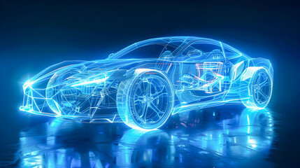 Naklejka premium Futuristic X Ray Style Image Showcasing the Intricate Internal Structure Electrical Circuits and Sophisticated Mechanics of a Modern Automobile in a Lab Setting with Ambient Blue Lighting