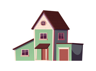 Two-story house with garage, green building exterior, suburban real estate vector isometric front view, cottage facade