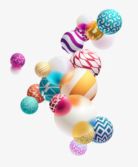 Colored 3D patterned and glass balls.  Abstract background of geometric shapes.