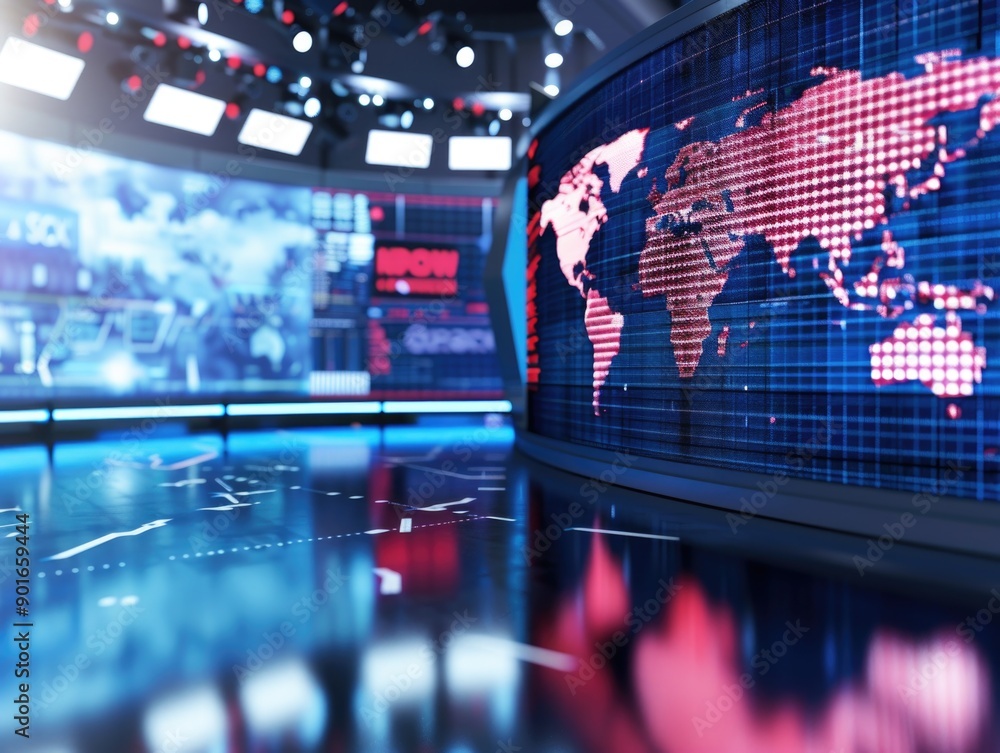 Poster a news studio with a large screen showing a red world map. the studio is empty and the mood is serio
