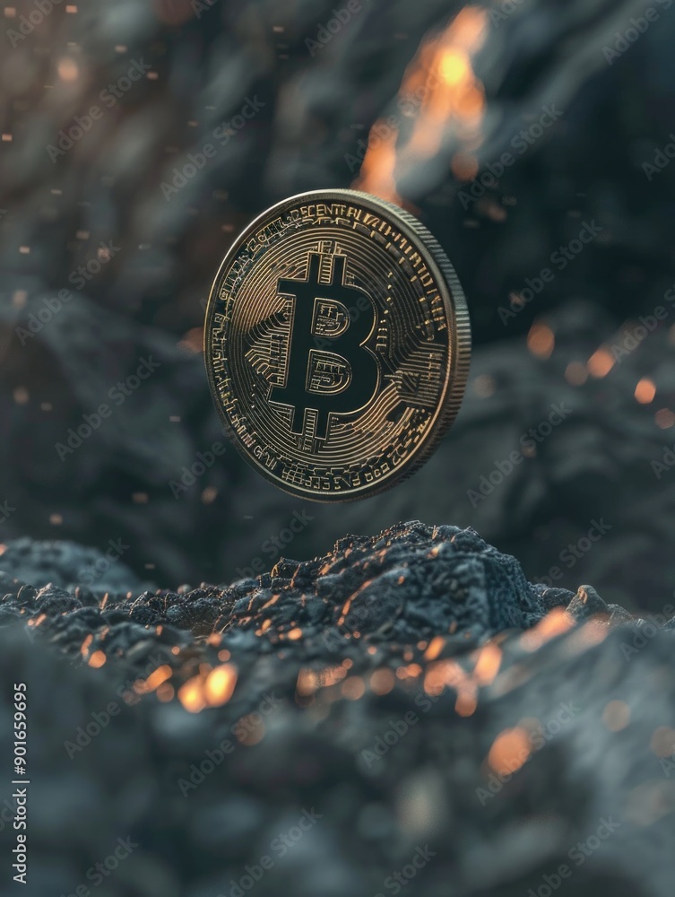 Poster a coin with the letter b on it is floating in the air. the coin is surrounded by rocks and has a fie