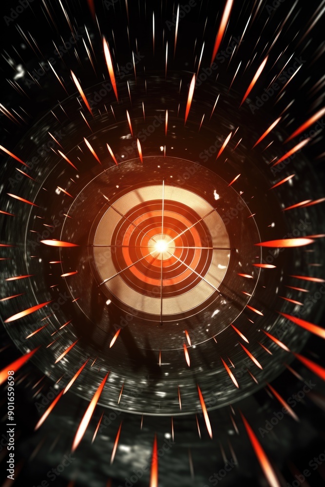 Poster a close up of a glowing red circle with a black background. the circle is surrounded by a series of 
