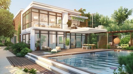 Fototapeta premium two level farm house, with big windows and pool