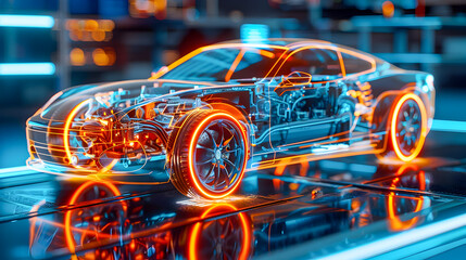 Fototapeta premium A futuristic holographic rendering of a car showcasing its intricate internal structure and components illuminated by vibrant neon circuits against the backdrop of a sleek