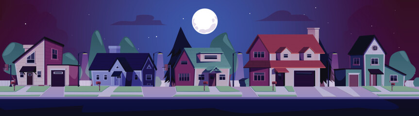 Suburban street in the night vector illustration, cityscape houses and road on full moon light, real estate buildings