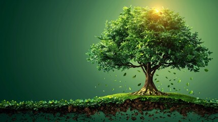 Tree with renewable energy and ecofriendly transport minimal icon flat green background art space for text