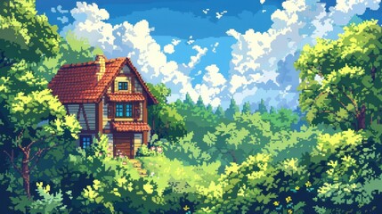 Fototapeta premium 8-bit pixel art house surrounded by a lush forest, ideal for an anime-style isekai background with vibrant daytime colors.