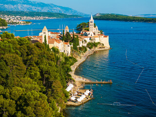 Aerial view of the old town of Rab and forest park, the Adriatic Sea in Croatia