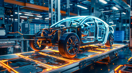 Fototapeta premium Detailed image showcasing a sleek car frame on an advanced assembly line surrounded by a high tech manufacturing plant backdrop with dynamic blue and orange lighting effects