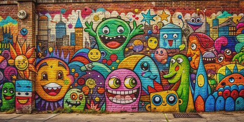 Naklejka premium Vibrant graffiti and playful doodles cover a worn brick wall, bursting with color and energy, creating a lively urban visual against a dull city backdrop.