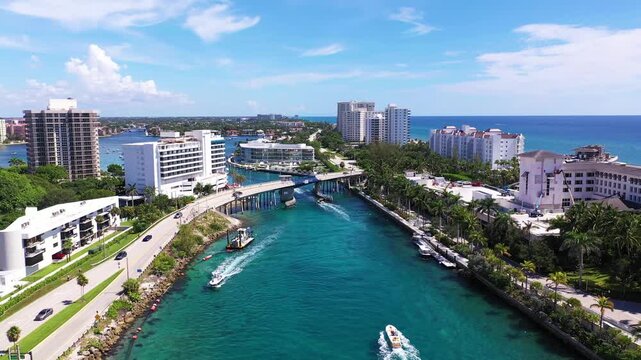 Boca Raton, Florida landscape. Beautiful moving aerial view on clear bright sunny day!