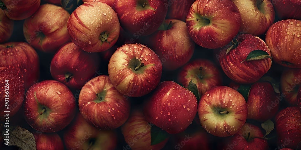 Poster a bunch of apples are shown in a close up. the apples are shiny and wet, and they are all different 