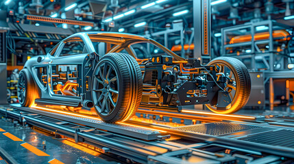 Fototapeta premium This image depicts a futuristic car assembly line showcasing the intricate internal mechanisms and cutting edge design of the car chassis