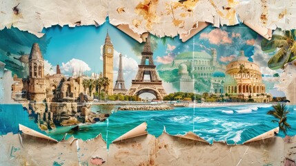 Designs with photos of various holidays and travels around the world. Presented as a torn paper effect for advertising.