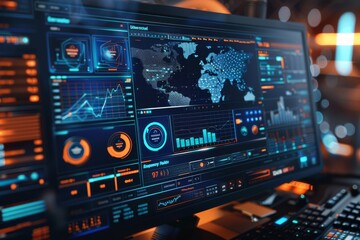 Computer Monitor Displaying Data and a World Map