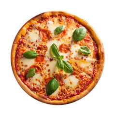 Pizza topped with cheese, set against a white background, with full depth of field. Top view