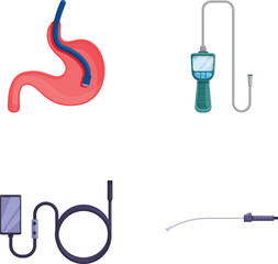Stomach endoscopy icons set cartoon vector. Gastroscopy endoscope device. Stomach diagnostic, healthcare