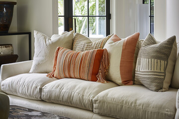 A close-up shot of the sofa, showcasing an assortment of pillows in various sizes and colors arranged on it. The focus is on one pillow with striped patterns that add texture to its soft white cover.