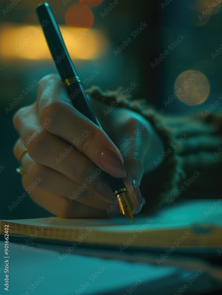 Poster a person is writing in a notebook with a pen. the writing appears to be a letter or a note. scene is