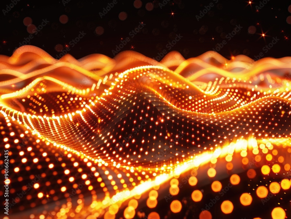 Poster a series of orange dots on a black background. the dots are arranged in a way that creates a sense o
