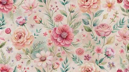 Whimsical watercolor flowers in soft pink hues and varied motifs form a seamless repeat pattern on a vintage-inspired textured background, perfect for print applications.