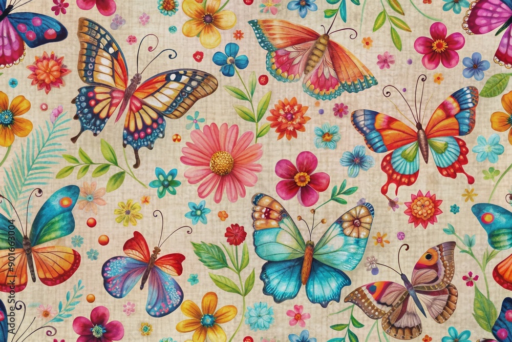 Poster vibrant butterflies flutter amidst colorful blooms on a soft, textured fabric background, creating a