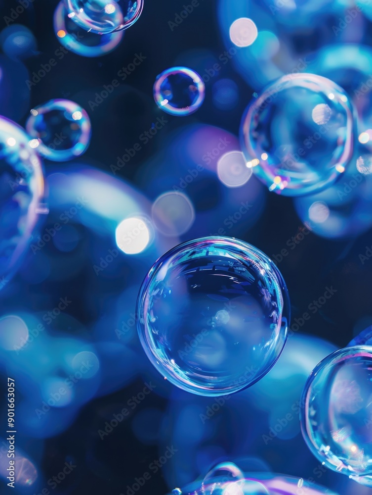 Poster a blue background with many bubbles of different sizes. the bubbles are floating in the air and crea