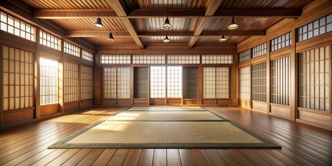 Serenely lit traditional karate dojo with rustic wooden accents, roll-out training mat, and delicate rice paper windows filtering soft natural light.