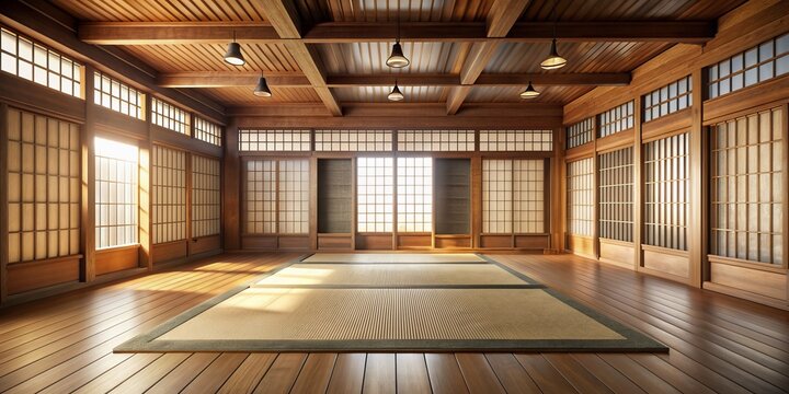 Serenely lit traditional karate dojo with rustic wooden accents, roll-out training mat, and delicate rice paper windows filtering soft natural light.
